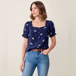 NWT Elodie Navy Floral Square-Neck Blouse Anthropologie